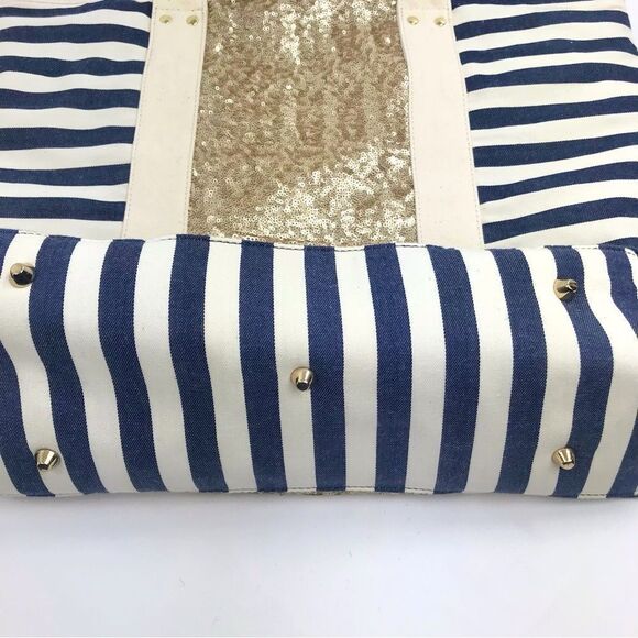Deux Lux X Everything But Water Navy Blue Gold Sequin Nautical Canvas Tote Bag - Picture 10 of 16
